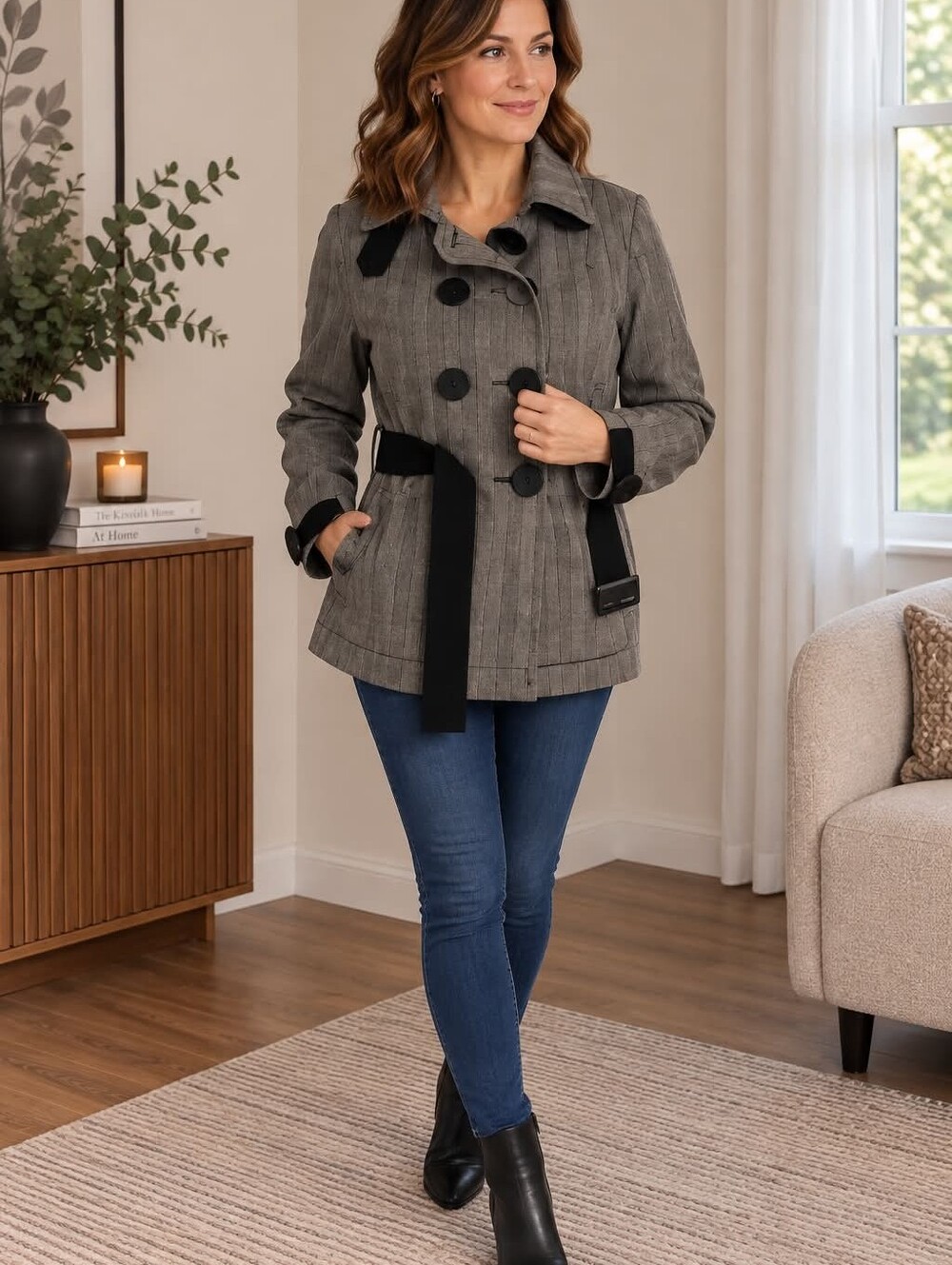Soia & Kyo Olive Trench Coat with Belted Waist and Flared Hem